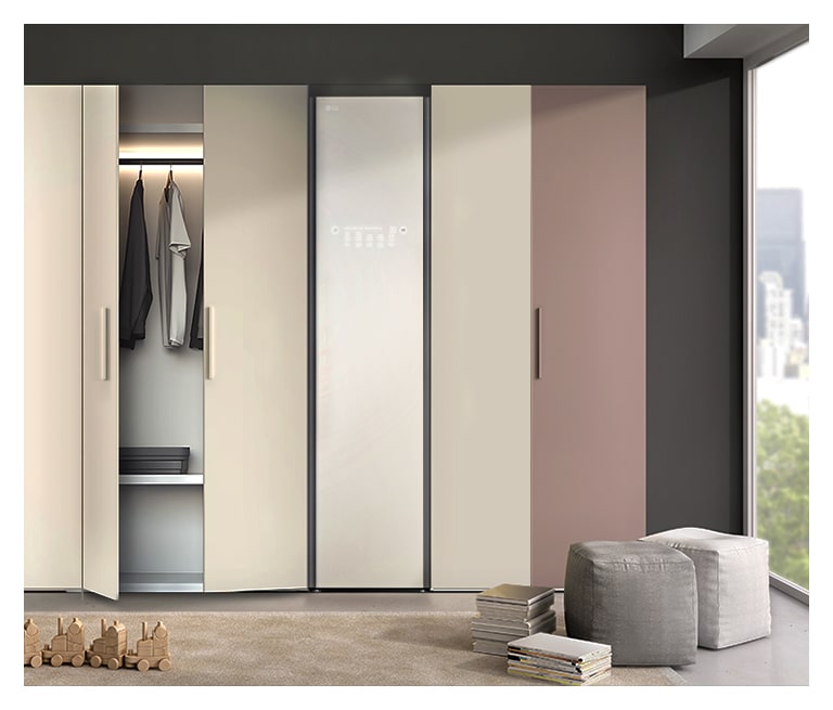 It shows LG Objet Collection Styler stood with built-in closet in dressing room.