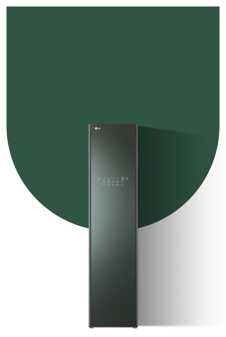 It shows a mist green color LG Styler Objet Collection.
