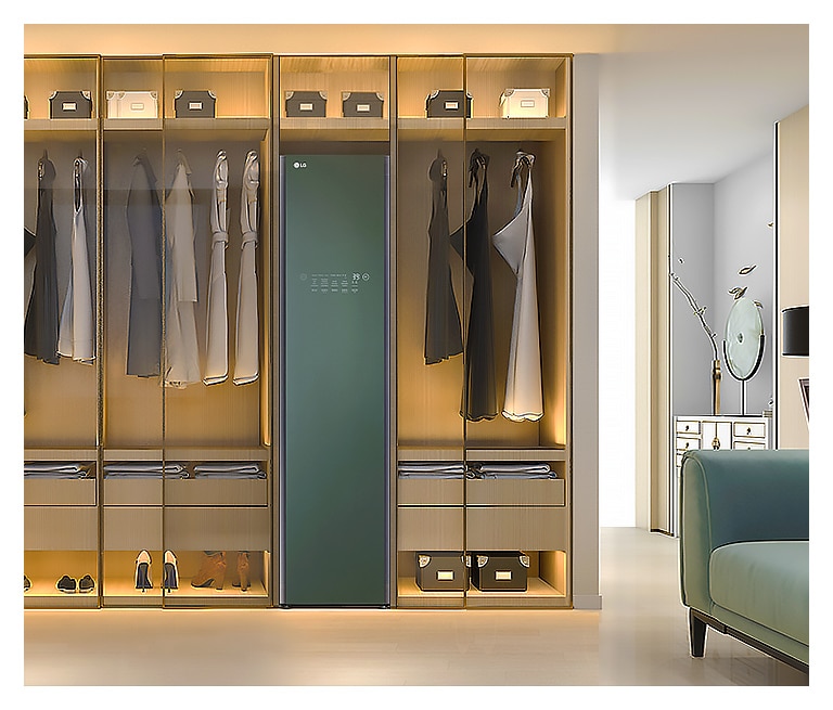 It shows LG Objet Collection Styler stood with built-in closet in dressing room.