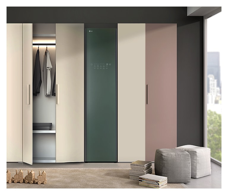 It shows LG Objet Collection Styler stood with built-in closet in dressing room.