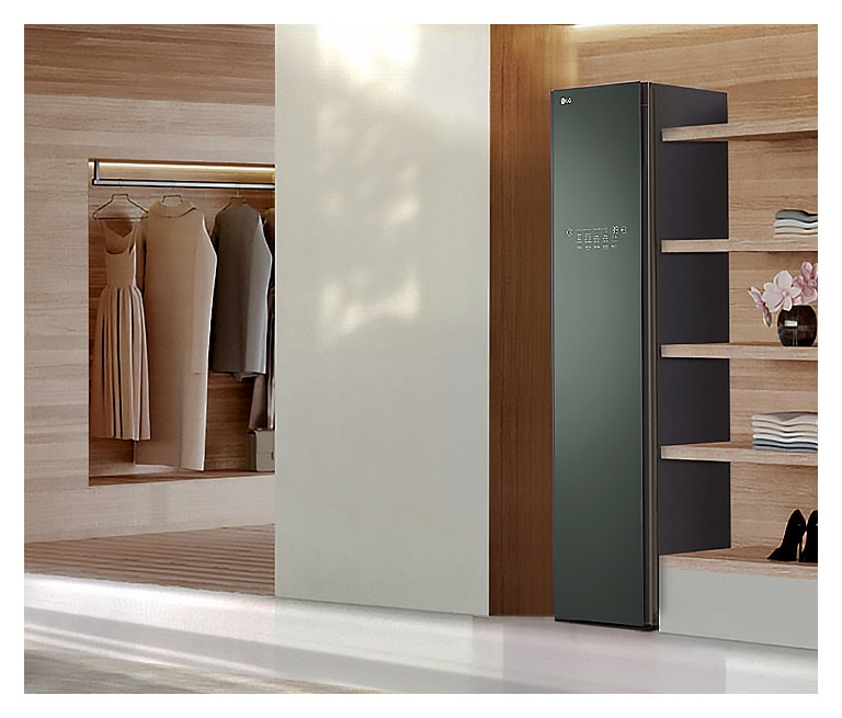 It shows nature green color LG Objet Collection Styler placed in the dressing room.