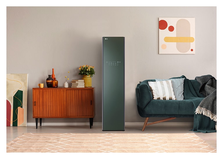 It shows mist green color Styler placed in the dressing room that matches naturally to the furniture around.