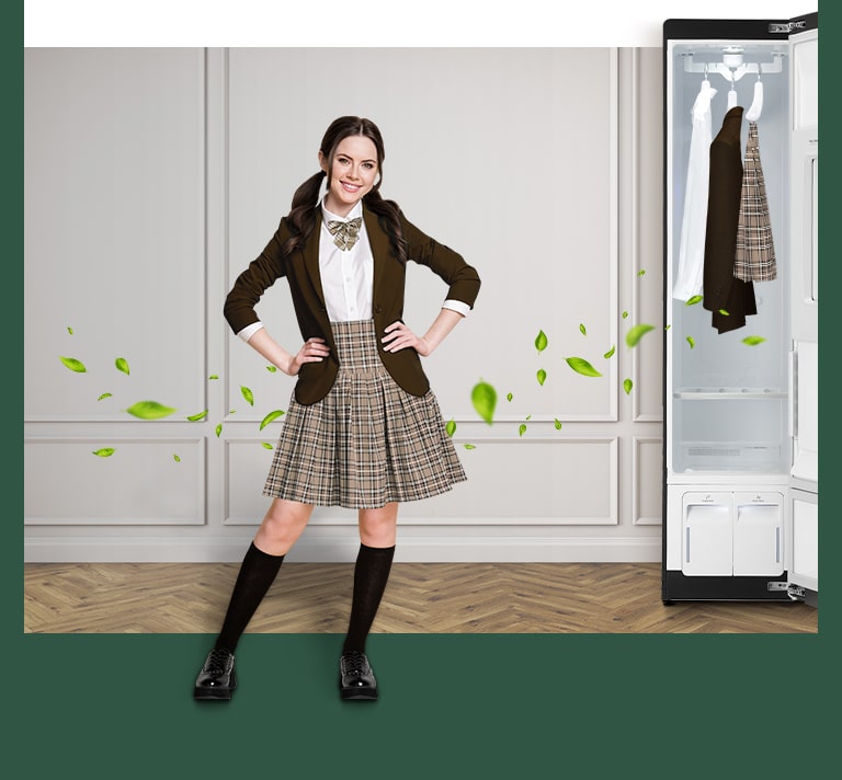 Student in plaid uniform stands confidently with hands on hips next to an LG clothing care appliance emitting green leaves.