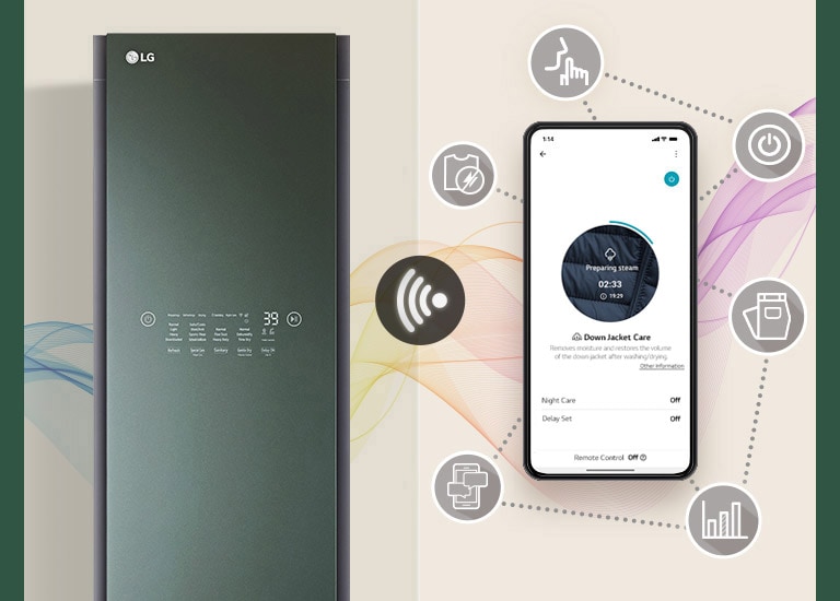 LG appliance with a digital display next to a smartphone app for remote control, showing functions like steam and night care.