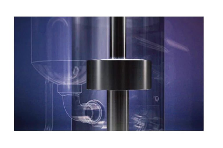 Transparent LG vacuum cleaner canister with dark central cylinder and visible internal parts, set against a blue background.