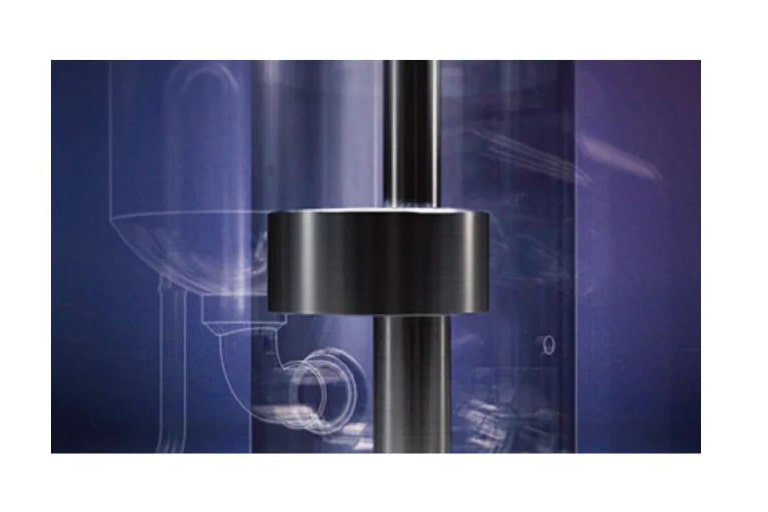 Transparent cylindrical mechanism with a central metallic rod and components, located centrally against a blue background.