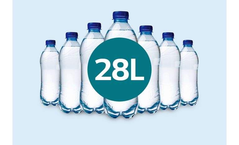 Eight water bottles with blue caps in a semi-circle, with a central blue circle displaying "28L" on a light blue background.