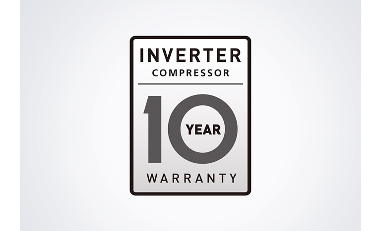 LG inverter compressor warranty badge with "10 year" text in the center, displayed on a white background.