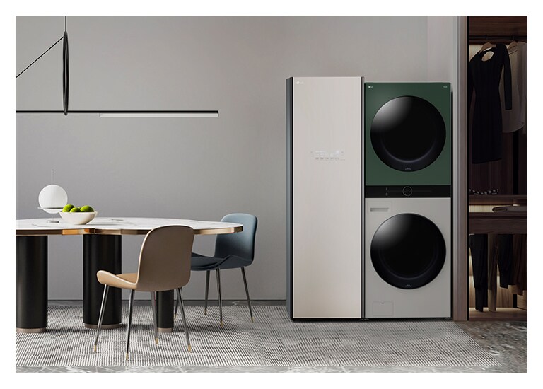 It shows compact LG WashTower placed in the small utility room.