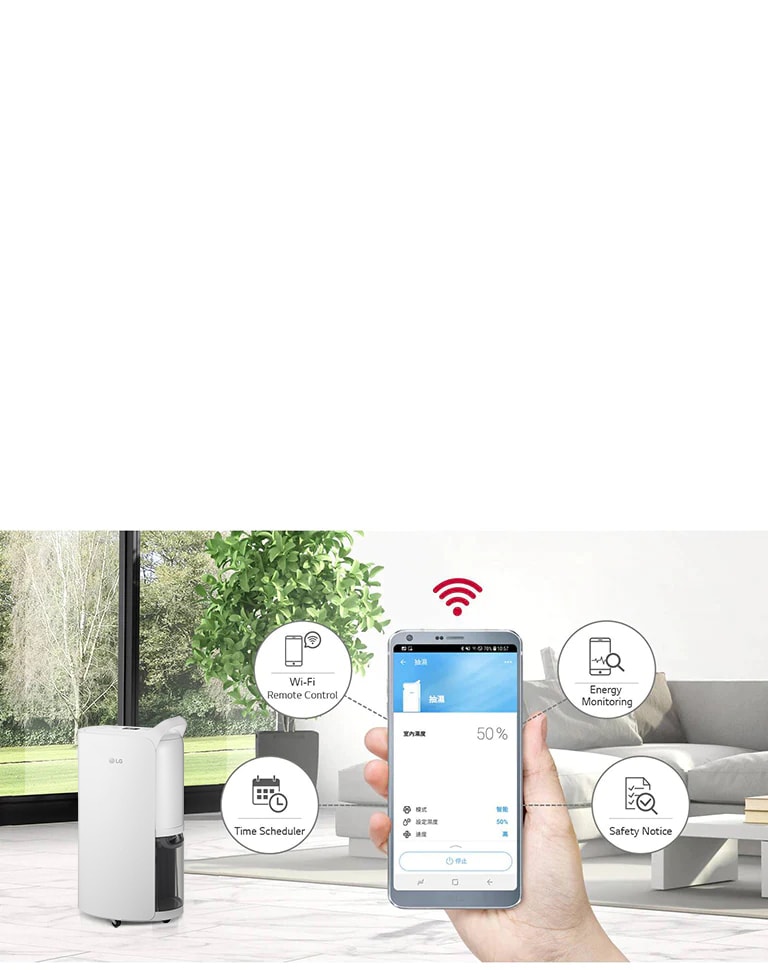 LG air purifier in a modern living room with smartphone control for Wi-Fi, energy monitoring, scheduling, and safety alerts.