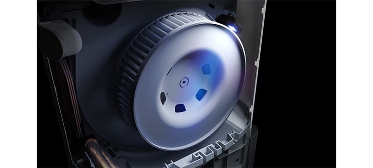 The UV LED light shines on the wind-generating fan in the dehumidifier.