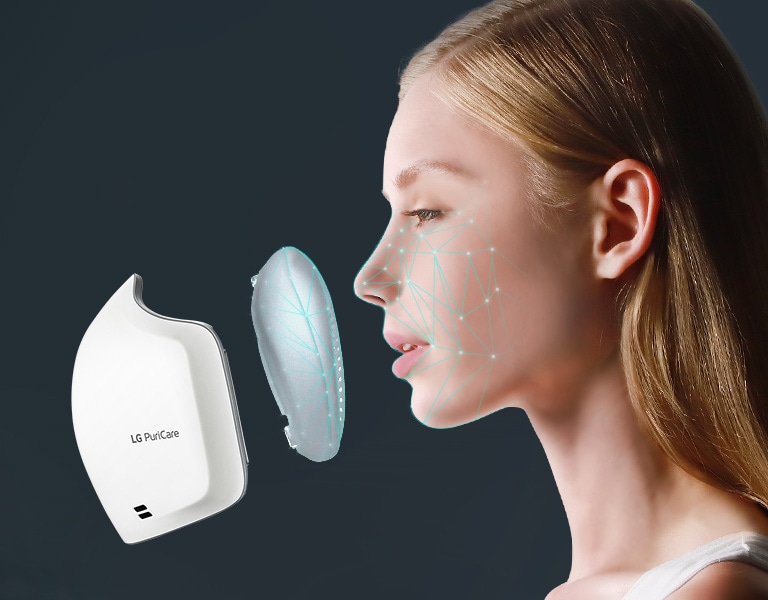 LG PuriCare wearable air purifier shown near an ear, highlighting its sleek, compact design for efficient air purification.