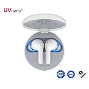 A top view of a cradle opened up and two earbuds inside it with UV lighting on