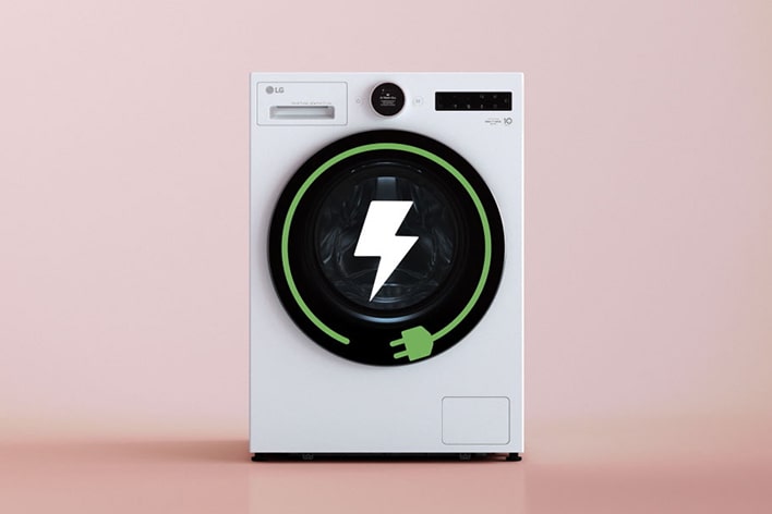 LG white front load washer dryer (F4X9EUP25M) has a green energy graphic with a lightning symbol inside the drum.