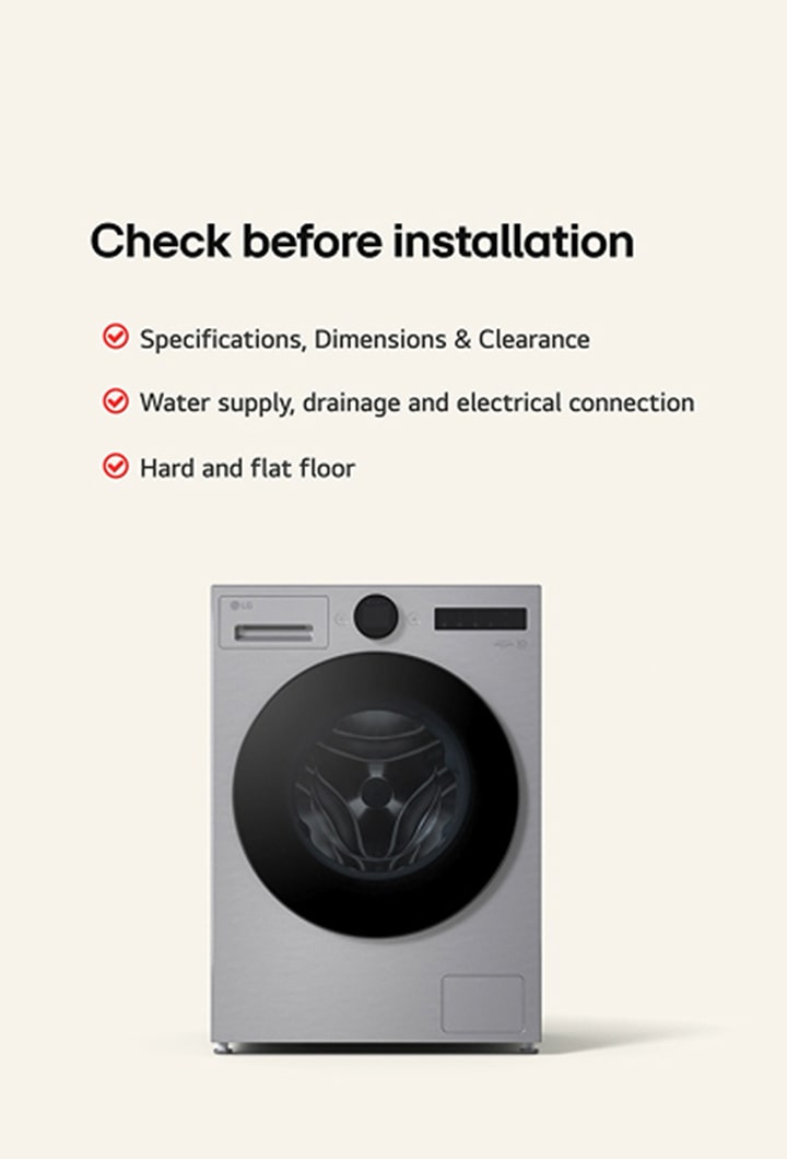 LG front load Washing Machine with pre-installation checklist showing specifications, connections, and floor requirements.
