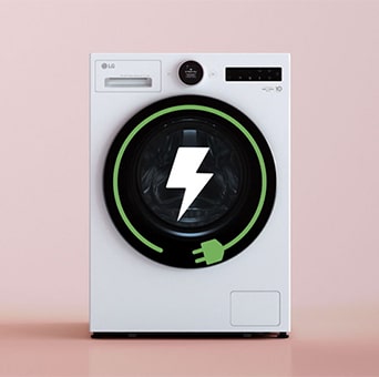LG white front load washer dryer displays a green energy graphic with a lightning symbol inside the drum