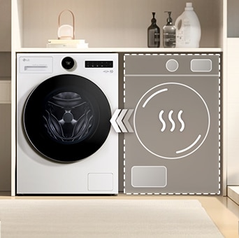 LG white front load washer dryer is placed on the left, with an illustrated outline of a dryer shown on the right to indicate pairing configuration.