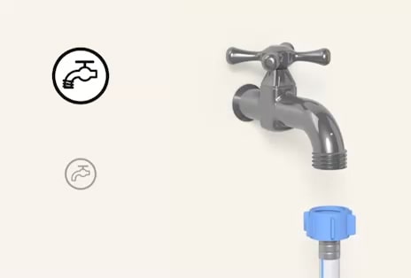 On the left, icons show two types of water taps, one threaded and one smooth, while on the right a 3D illustration displays a water tap connected with a hose.