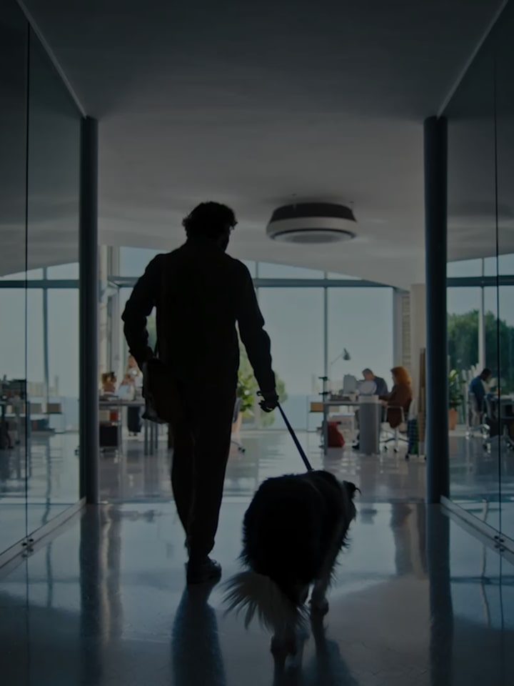 A man holding a dog leash heads to an office. 