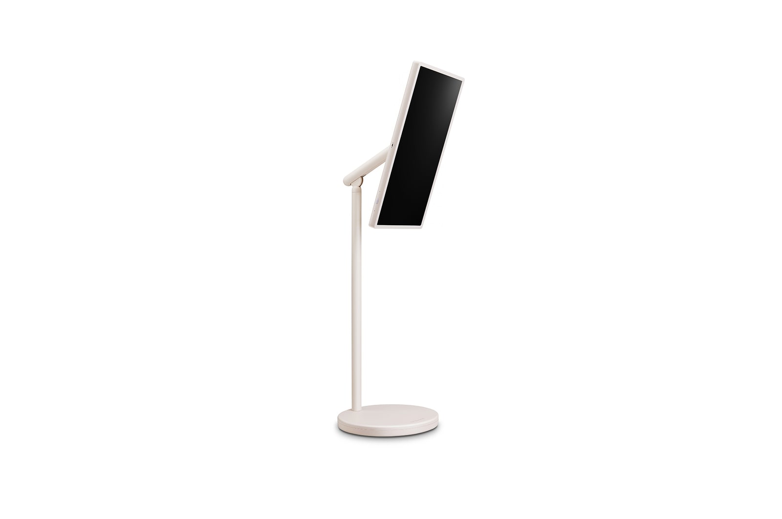 45 degree side view of the LG StanbyME 2 on stand. Screen is tilted to show its flexible orientation. 