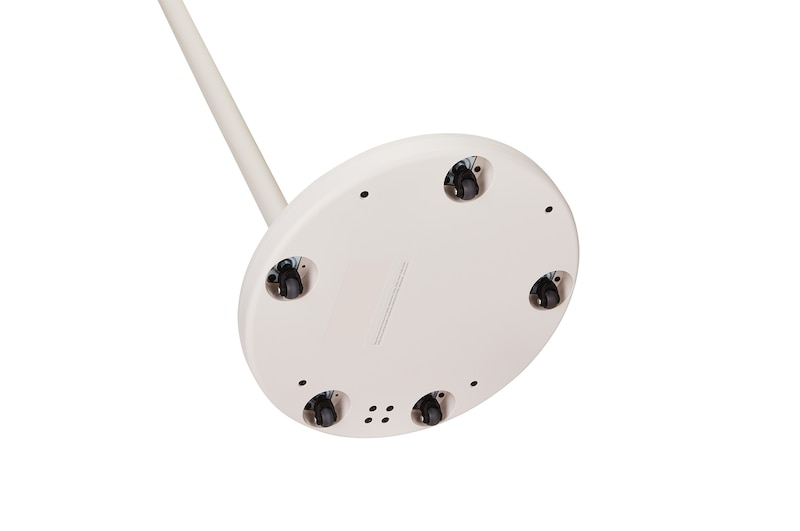 Bottom view of the LG StanbyME 2 stand. Wheels beneath the stand are visible.