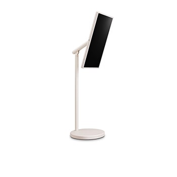 45 degree side view of the LG StanbyME 2 on stand. Screen is tilted to show its flexible orientation. 