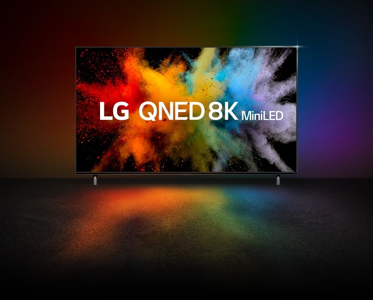 Typo-motion of QNED and NanoCell combine and explode into color powder in TV screen.