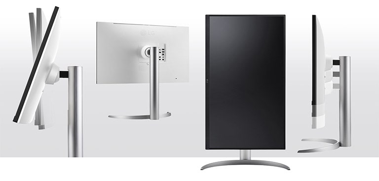 the monitor in the ergonomic design supporting tilt, pivot and height adjustment options and offering one click stand.
