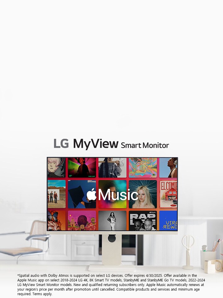 Spatial audio with Dolby Atmos is supported on select LG devices. Offer expires 4/30/2025. Offer available in the Apple Music app on select 2018-2024 LG 4K, 8K Smart TV models, StanbyME and StanbyME Go TV models, 2022-2024 LG MyView Smart Monitor models. New and qualified returning subscribers only. Apple Music automatically renews at your region’s price per month after promotion until cancelled. Compatible products and services and minimum age required. Terms apply.