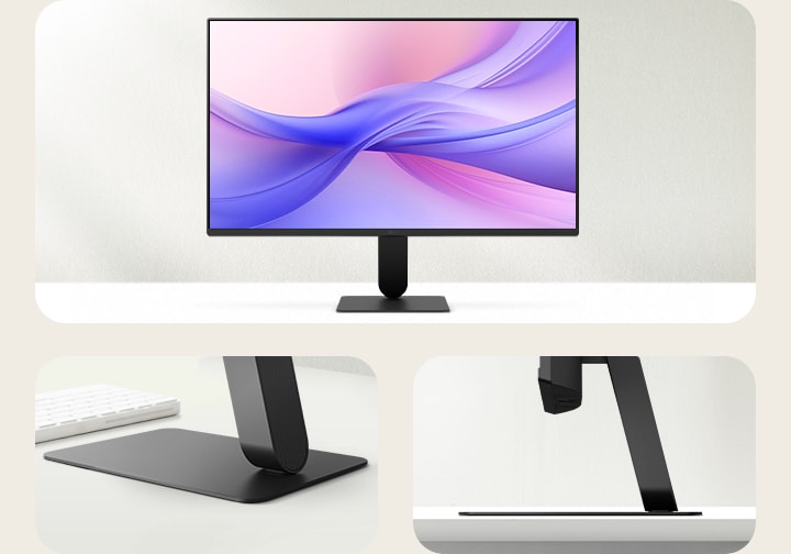 A front view of a modern monitor with a slim, minimalist stand. The monitor, initially angled to the left, smoothly rotates to face forward and locks into place. As it settles, a streak of white light quickly traces along the monitor’s edges, emphasizing its sleek bezel design. The display shows a soft gradient of pink and purple tones, while side images highlight the stand’s low-profile base and elegant form.