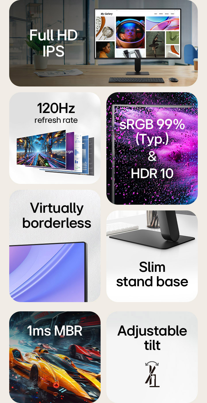 A grid-style feature overview of a monitor, highlighting key specs: Full HD IPS display, 120Hz refresh rate, sRGB 99% (Typ.) with HDR10, virtually borderless design, slim stand base, 1ms MBR (Motion Blur Reduction), and adjustable tilt. Each feature is shown with a representative image or icon.