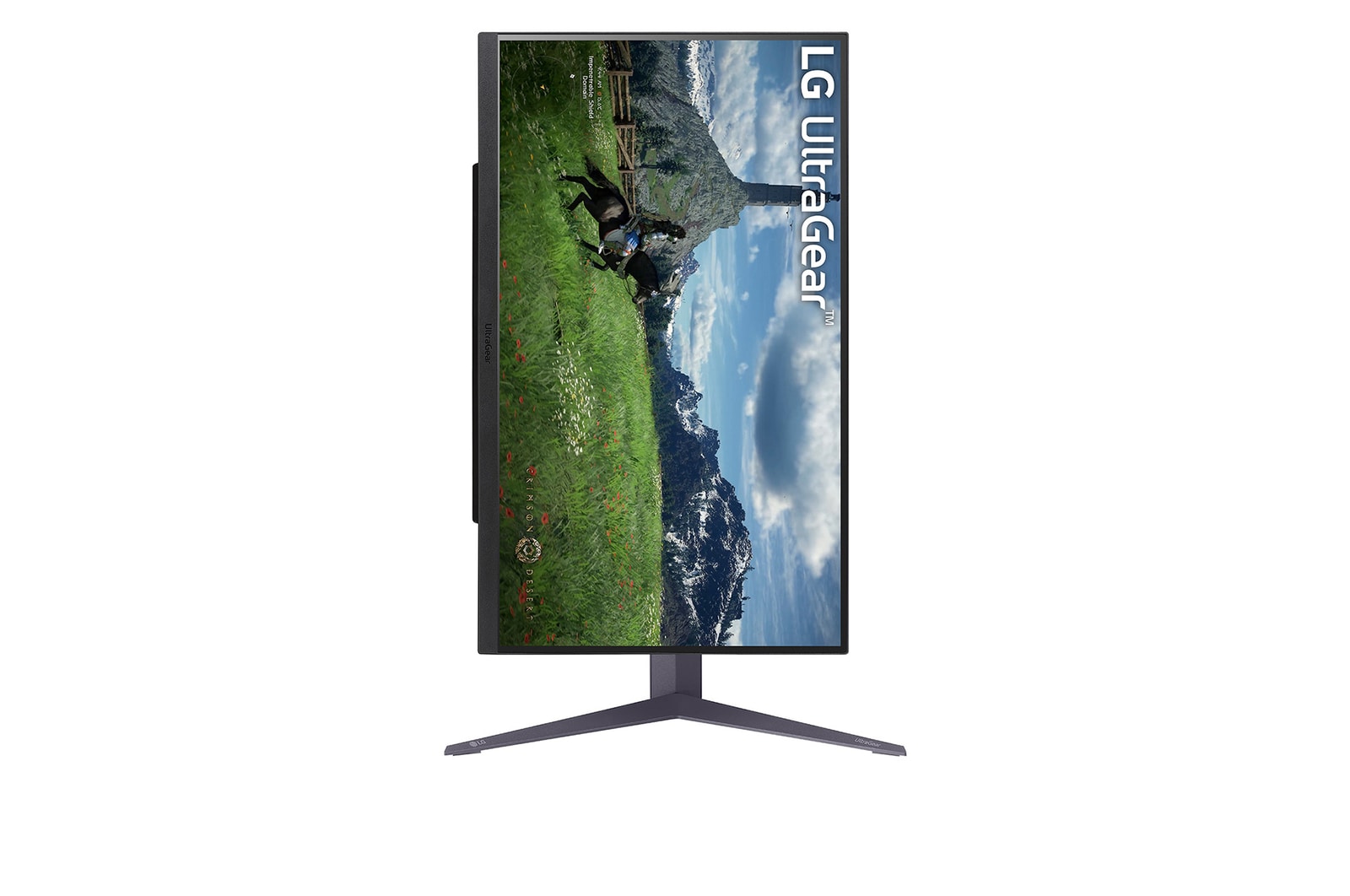 front view  of 27GS85Q with the display pivoting 90 degrees in a portrait view