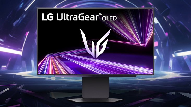 LG UltraGear On-Screen Display interface showing gaming settings. The UI displays a refresh rate of 280Hz, Adaptive-Sync enabled, HDR off, and DAS Mode on. The 'Game Adjust' menu is open, with options including Gamer Mode, Dual-Mode (with selectable aspect ratios), Adaptive-Sync, Black Stabilizer, Crosshair, and FPS Counter. The interface features a futuristic purple and red background design.