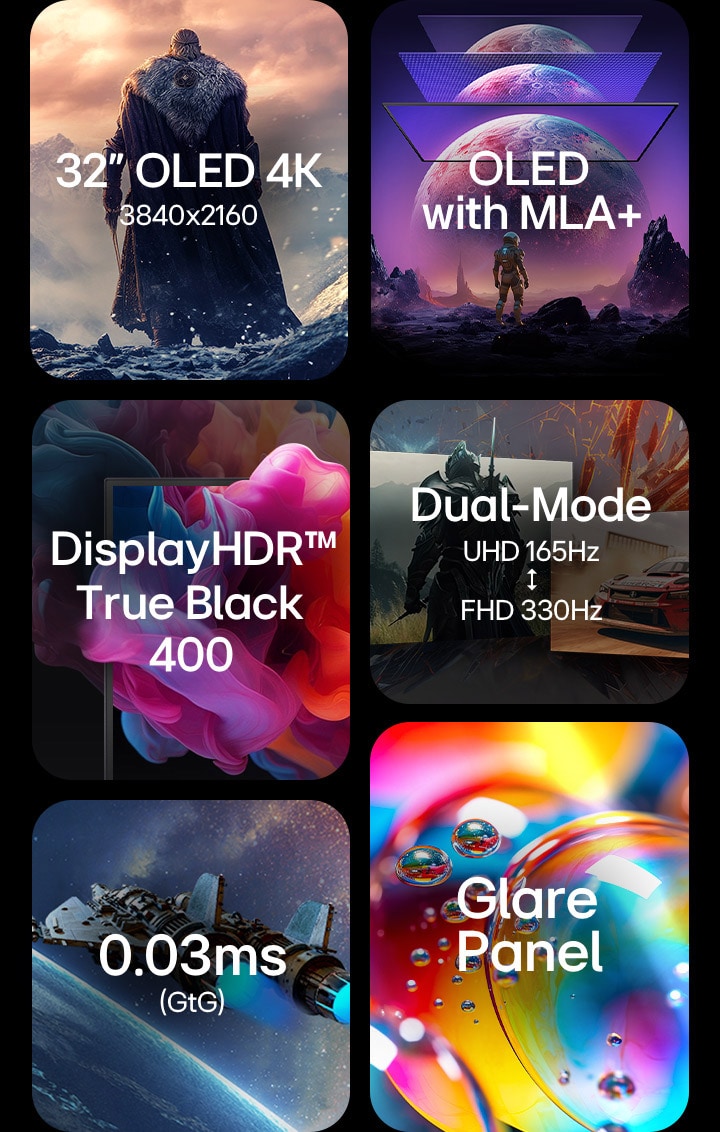 Feature overview of a gaming monitor highlighting: 32" OLED 4K, OLED with MLA+, VESA DisplayHDR True Black 400, Dual-Mode, 003ms GtG, Glare Panel.