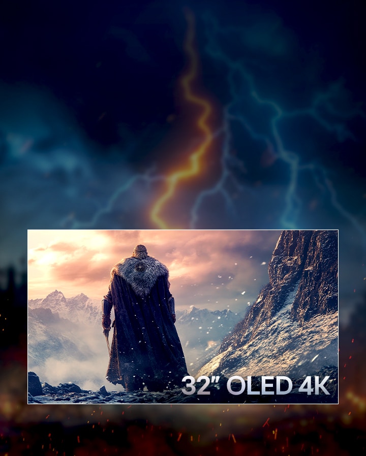 A dramatic fantasy game scene featuring a cloaked warrior standing before a snowy mountain range with 32" OLED 4K text on the right bottom corner. 