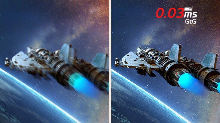 Comparison image showing reduced motion blur on the UltraGear™ 32GX850A with 0.03ms (GtG) response time for smoother gaming visuals.	