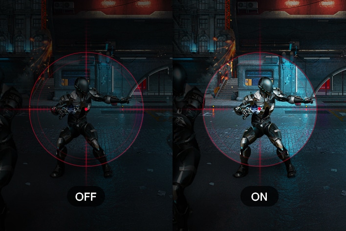 Comparison image of a futuristic soldier in a targeting scope, with the left side darker and less visible (OFF) and the right side brighter and clearer with enhanced details (ON).