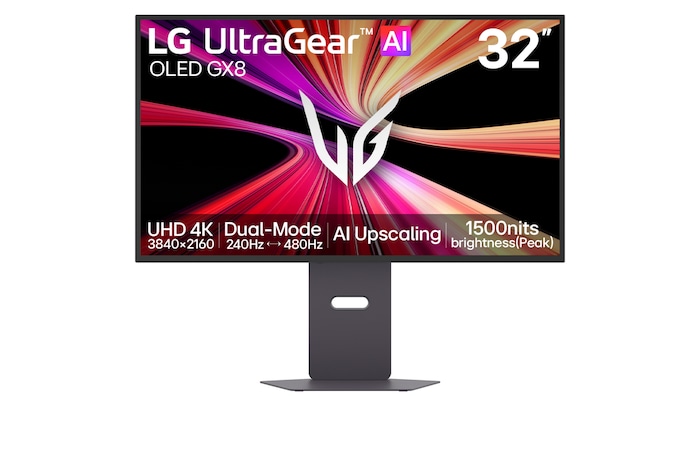 Front view of 32-inch UltraGear evo GX8, World's First AI Upscaling 32" 4K OLED Gaming Monitor (32GX870B), displaying game imagery