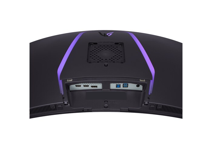 close-up view of ports of 39GS95QE with lights on