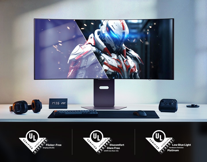 Curved gaming monitor showing a robot character in a futuristic setting, with UL certifications below.