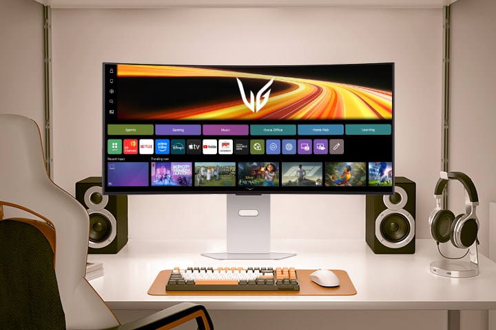 The video shows a front-facing monitor on a desk, alternating between webOS images and gameplay visuals.