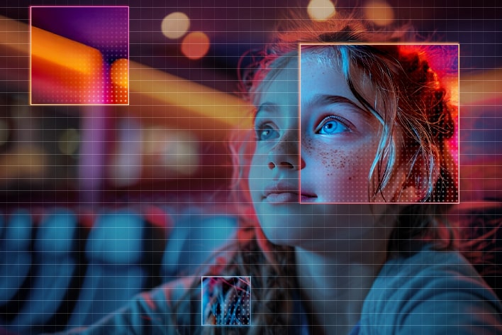 LG Smart Gaming Monitor showcasing AI Picture Pro visual enhancement with a cinematic scene of a child watching a movie, highlighting improved brightness, contrast, and color detail for a more lifelike and immersive viewing experience.
