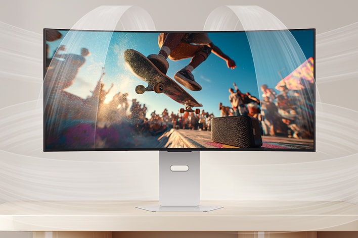 LG Smart Gaming Monitor demonstrating AI Sound Pro with a cinematic concert scene on screen, highlighting immersive audio optimization, clear dialogue, and balanced sound performance for an enhanced home entertainment experience.