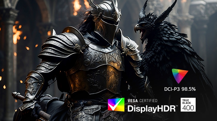 Knight in black armor with a bird in a medieval hall, highlighting DCI-P3 98.5% and DisplayHDR 400.