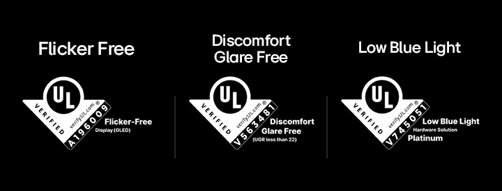 UL verifications for Flicker Free, Discomfort Glare Free, and Low Blue Light on UltraGear OLED gaming monitor (39GX90SB).