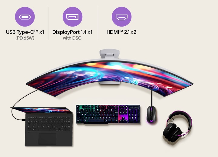This image presents the connectivity options of an LG curved gaming monitor, including USB Type-C™ with PD 65W, DisplayPort 1.4 with DSC, and HDMI™ 2.1 ports, along with a laptop, keyboard, mouse, and headset setup for a versatile gaming and work environment.