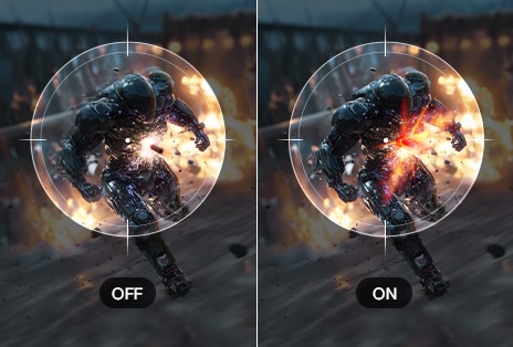Comparison of gameplay with Dynamic Action Sync off and on, highlighting reduced input lag on the UltraGear™ 39GX90SB monitor.