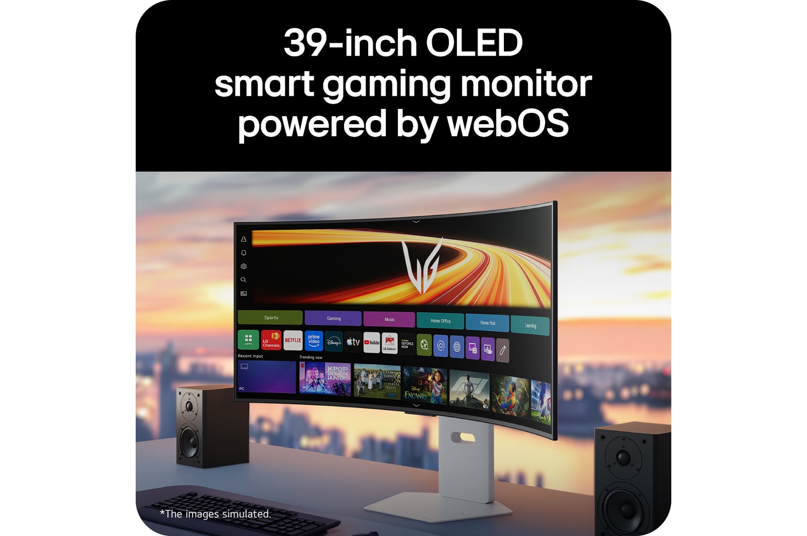 39GX90SB-W UltraGear™ GX9s OLED gaming monitor displaying the webOS interface on a curved screen, set on a desk with stereo speakers.