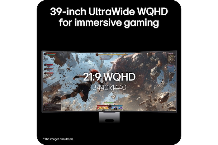 39GX90SB-W This image highlights a 39-inch UltraWide WQHD (3440x1440) display in a 21:9 aspect ratio, delivering an immersive gaming experience with a wider field of view.