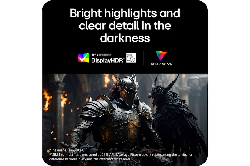 39GX90SB-W Knight in black armor with a bird in a medieval hall, highlighting DCI-P3 98.5% and DisplayHDR 400.